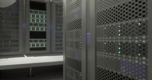 Modern Data Center with Illuminated Servers and Advanced Technology