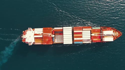 Cargo Ship Sailing on the Ocean Aerial View