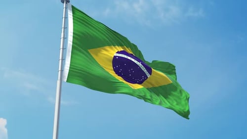 Realistic Brazil Flag Waving Animation on Blue Sky