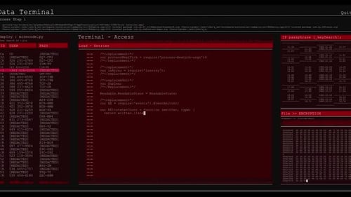 Animation of data processing on red computer screens