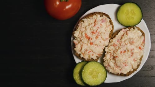 Crab Meat Salad Sandwiches Crab Sticks Toasts Black Wooden Table Close Up