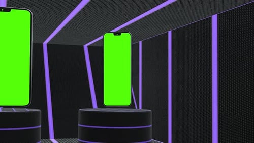 Mockup 3D smartphone green screen in background with purple lights animation