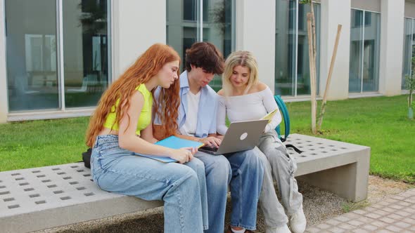University Students Collaborating on Project Using Laptop Outdoors ...