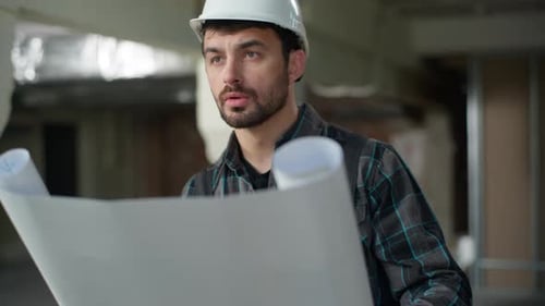 Man Architect Civil Engineer Builder Foreman Looking Blueprint Plan Building Construction Inspector