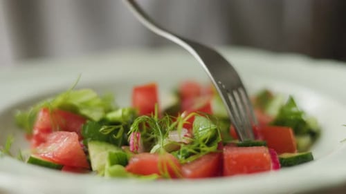 Eating Fresh Salad with Fork Close Up
