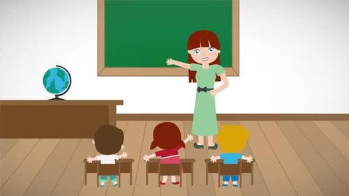Animated Teacher and Students in Flat Design Classroom