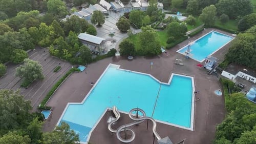 Aerial view of public pools and trees, Germany.