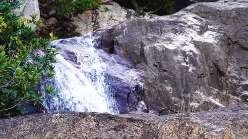 Torrent rapid on rough rocks, pristine mountain waterfall in Vietnam jungle