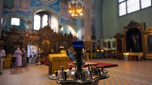 The Interior of a Church Beautifully Adorned with Various Decorative Elements and a Softly Blurred