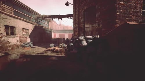 Abandoned Factory with Collapsing Brick Buildings in Deteriorating State