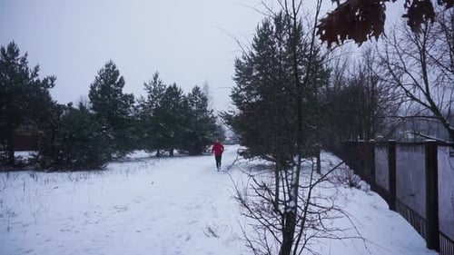 Young Adult Jogging Through a Snowy Winter Landscape
