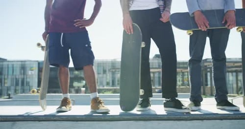 Friends, shoes and men with skateboard in city for exercise, practice and hobby activity in town
