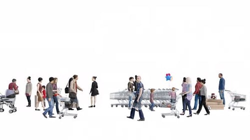Diverse Animated 3D People Walking with Shopping Carts