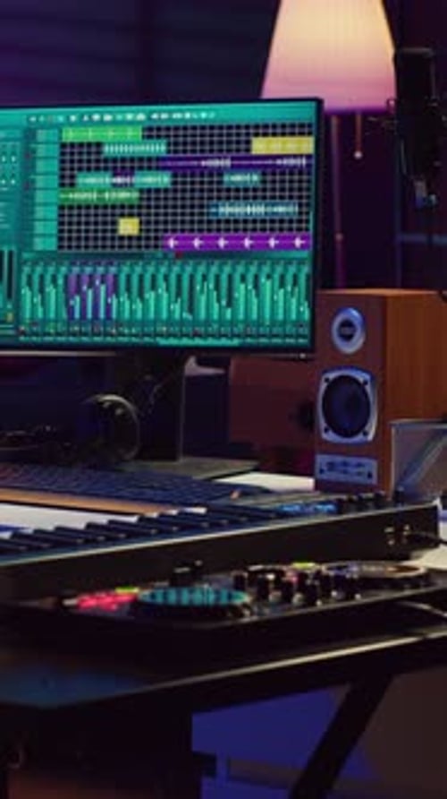 Vertical Video Empty Studio at Home Equipped with Mixing Soundboard Panel