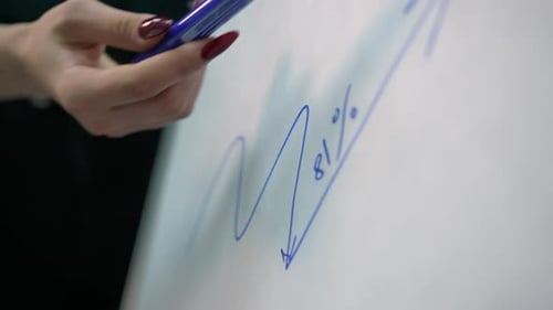 Closeup Female Hand Pointing with Marker at Graph on Flipchart in Slow Motion