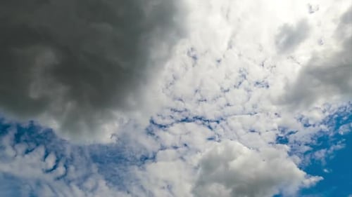 Cumulus clouds floating by the bright blue sky. White and grey clouds fully covering the horizon.