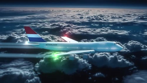 Commercial Airliner Passanger Plane Jet Flying At Night Over Clouds With Country Flag Netherlands