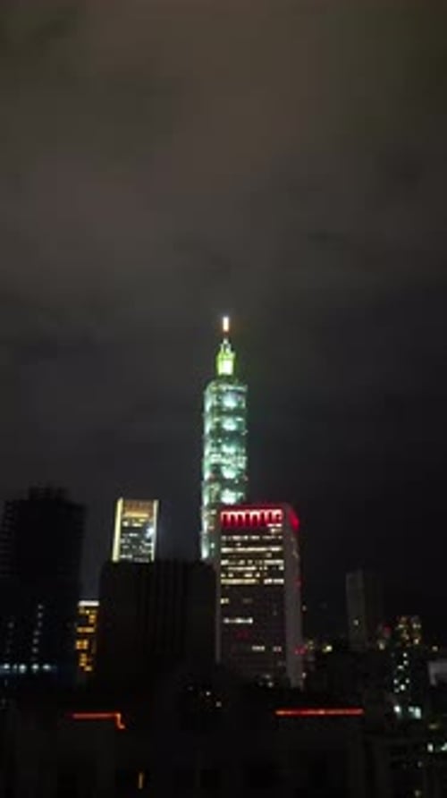 Aerial video of a business district in Taipei City, Taiwan at night