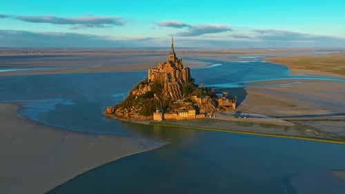 Aerial View of the Famous Historic Abbey Mont Saint Michel Historic Monastery with Tidal Flats