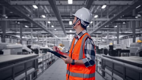 Side View Of Asian Male Engineer Taking Note On The Tablet at Solar Panel Factory