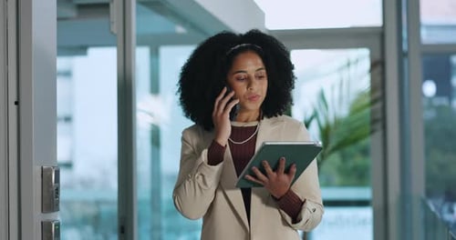 Business woman, phone call or office with tablet for communication, negotiation or advice