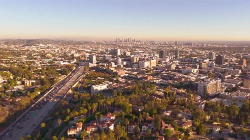 Aerial view of Los Angeles city skyline, United States.