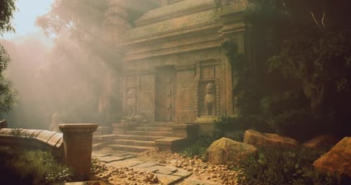 Un ancien temple caché dans un feuillage luxuriant pendant l'heure dorée