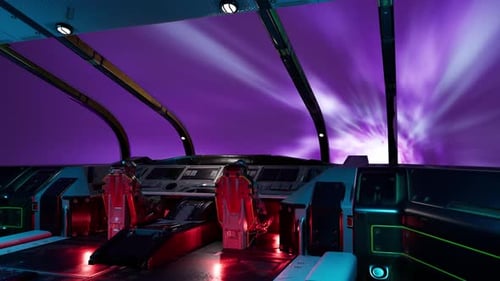 Vue du poste de pilotage d'un vaisseau spatial voyageant à une vitesse incroyable et s'approchant d'une planète 1