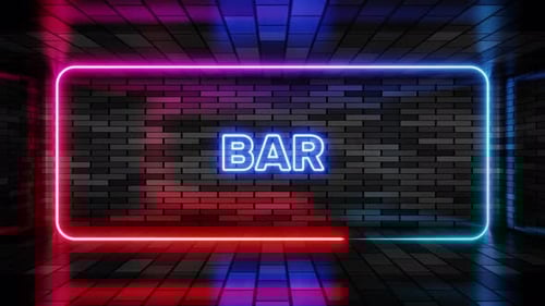 Neon sign bar in speech bubble frame on brick wall background 3d render. Light banner on the wall