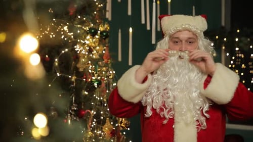 Santa Man Adjusts Beard in Front of Christmas Tree