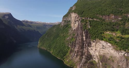 Scenic Aerial View Above Geiranger Fjord - Seven Sisters Waterfall, Norway