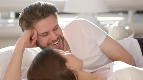Happy Family Young Love Happy Loving Smiling Married Couple Man Woman Lying Having Fun Together in