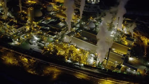 Aerial View of Factory at Night Aerial