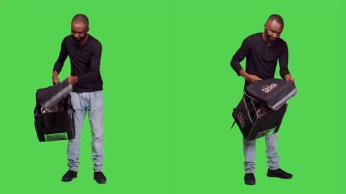 Male Person Carrying Thermal Backpack in Studio
