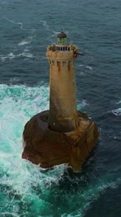 A Rotating Overhead Shot of Phare Du Four a Lighthouse in Bretagne France An Ancient One Standing