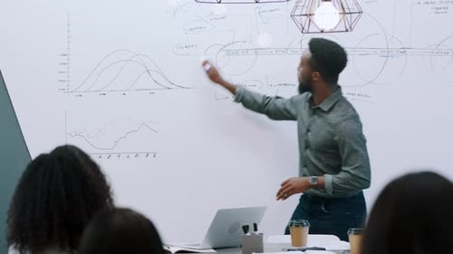 Meeting, presentation and business coach dancing at whiteboard for fun idea strategy workshop