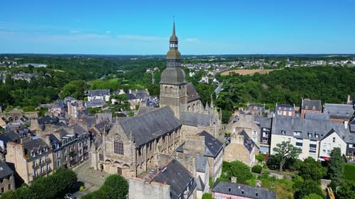 Saint Sauveur basilica, Dinan, France. Aerial drone sideways