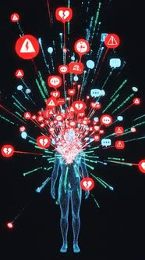 Digital Wireframe Human Figure Bursting with Social Media Data