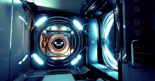 Exploring a Futuristic Corridor in a Sci Fi Spaceship with Glowing Lights