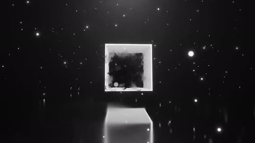 Ice Cube Rotation Against the Background of Snowflakes Seamless Loop Black and White Ice Cube with