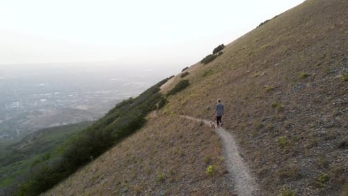 Girl With A Dog Walking Along A Hiking Trail On The Mountain In Wasatch Range, Utah, USA - drone sho