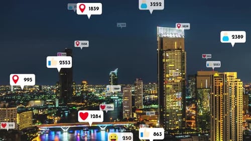 Social Media Icons Fly Over City Downtown Showing People Reciprocity Connection
