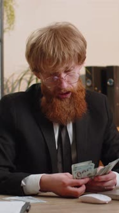 Rich Businessman in Suit Working on Laptop Pc Counting Money Cash Calculate Earnings Income Profit