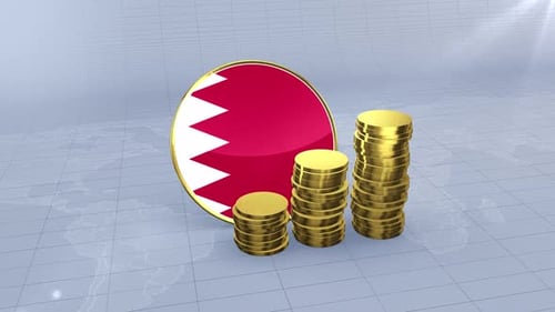 Bahrain Flag With Plain Gold Coins Tower