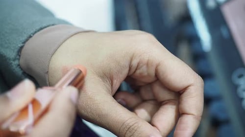 Eine Geste, bei der karminroter Lippenstift auf das Handfleisch einer anderen Person aufgetragen wird