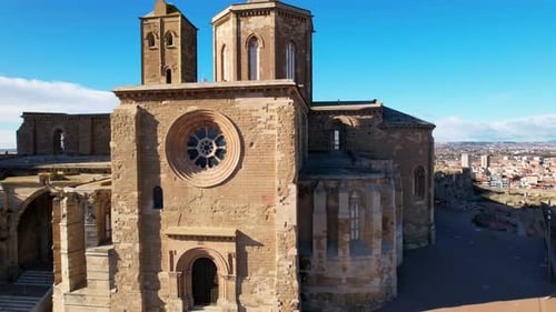 Panoramic aerial drone view of typical Gothic architecture La Seu Vella cathedral: vaults