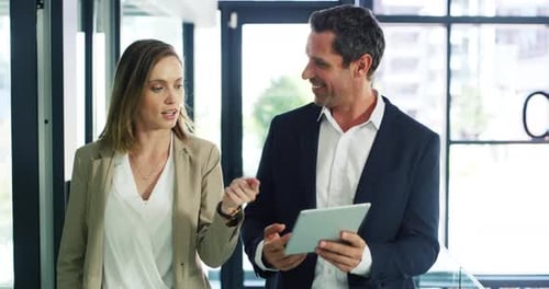 Tablet, walking and professional people discussion, teamwork or cooperation on company research