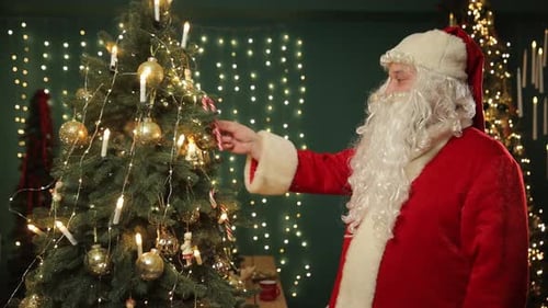 Santa Claus Decorating a Christmas Tree with Candy Cane