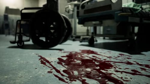 Disturbing Scene of a Bloodstain on the Floor Near a Wheelchair in a Hospital