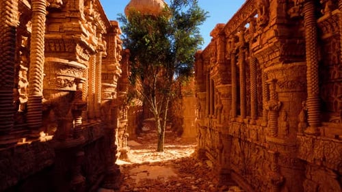 Une ruelle étroite avec un arbre au milieu